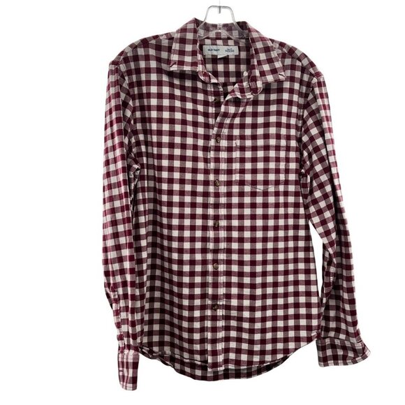Old Navy Men's Maroon/White Check Button Up Shirt Slim Fit Size Medium - Picture 1 of 9